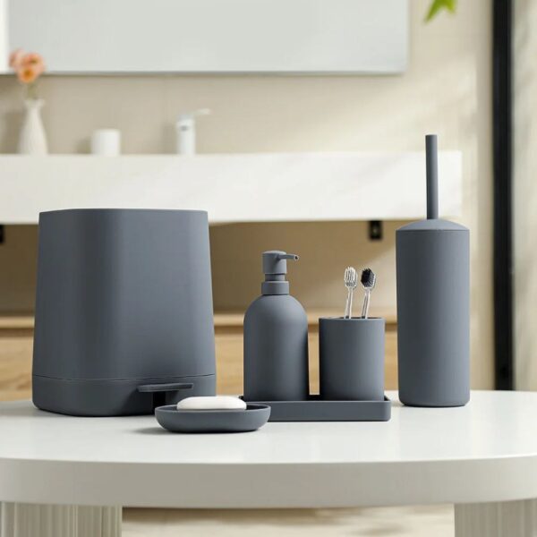 Modern 5-Piece Grey Plastic Bathroom Accessory Set