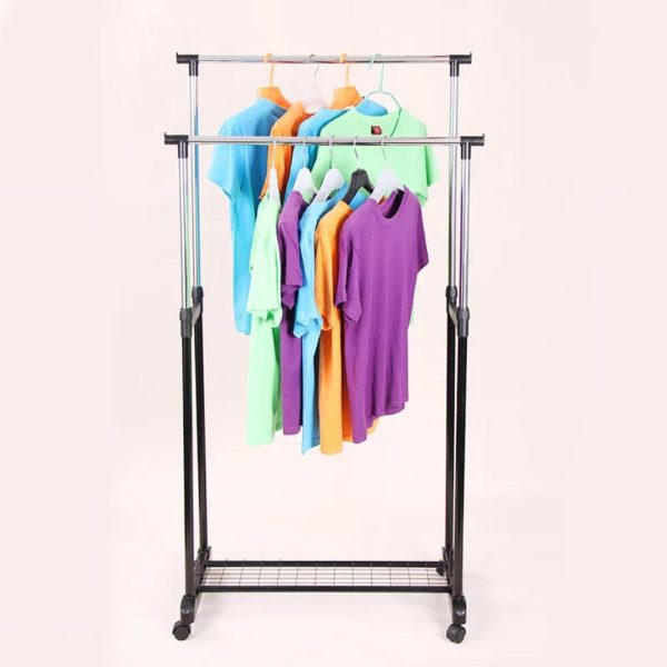 Heavy Duty Double Pole Clothes Rack with Lower Storage Shelf - Stainless Steel Garment Rack