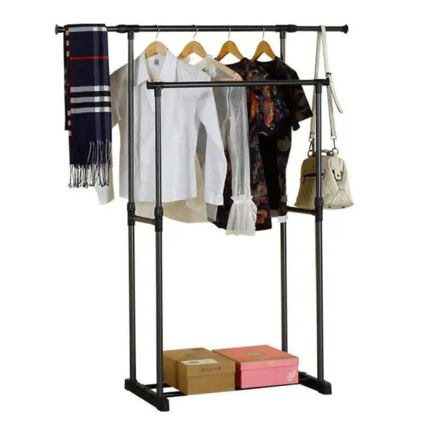 Heavy Duty Double Pole Clothes Rack with Lower Storage Shelf - Stainless Steel Garment Rack