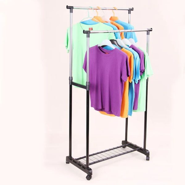 Heavy Duty Double Pole Clothes Rack with Lower Storage Shelf - Stainless Steel Garment Rack