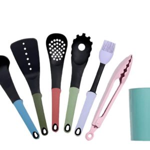7-Piece Silicone Kitchen Utensil Set with Colored Handles & Storage Holder