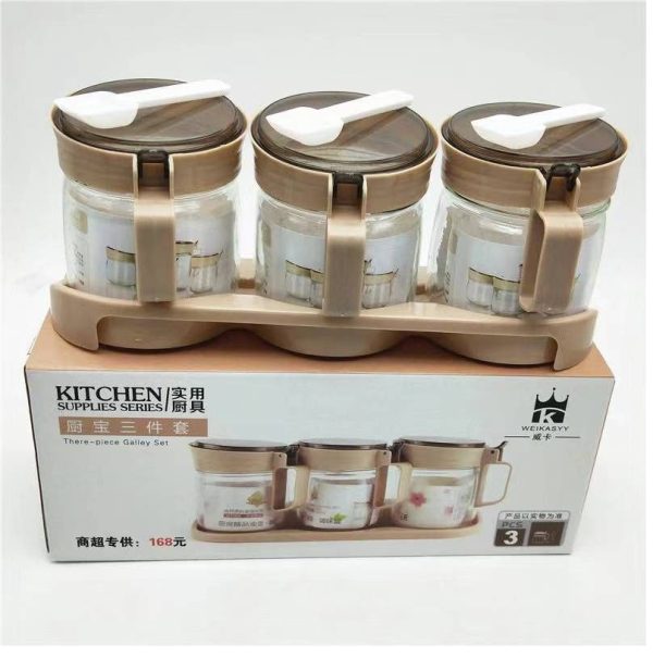 3-Piece Glass Spice Jar Set with Wooden Tray