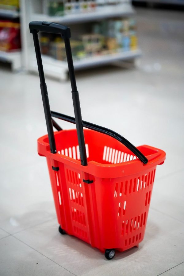 Red Rolling Plastic Shopping Basket with Telescopic Handle