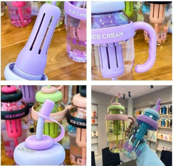 Ice Cream Water Bottle with Straw & Handle
