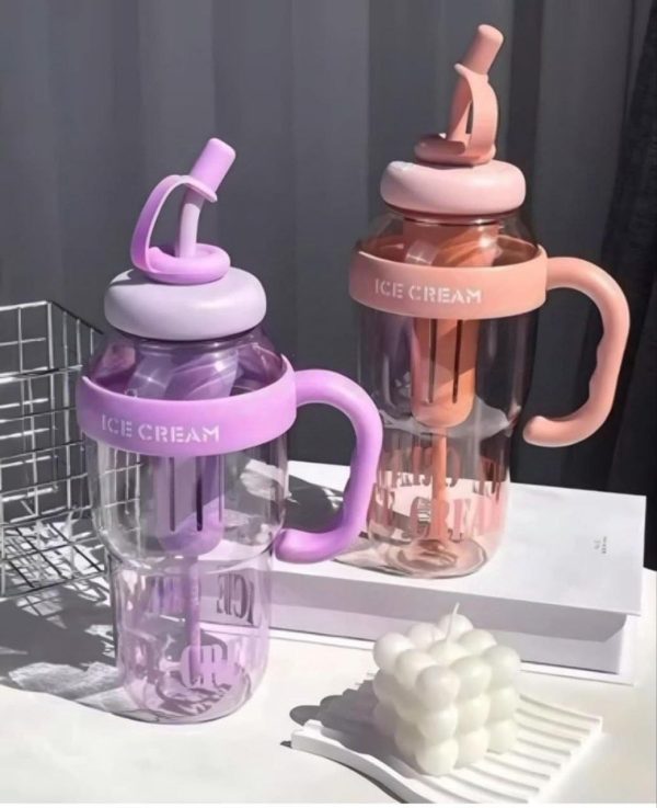 Ice Cream Water Bottle with Straw & Handle