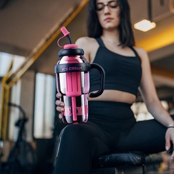 Ice Cream Water Bottle with Straw & Handle