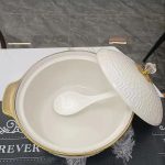 Elegant Ceramic Soup Pot with Gold Accents & Geometric Pattern