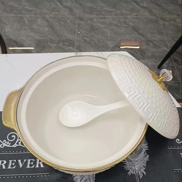 Elegant Ceramic Soup Pot with Gold Accents & Geometric Pattern