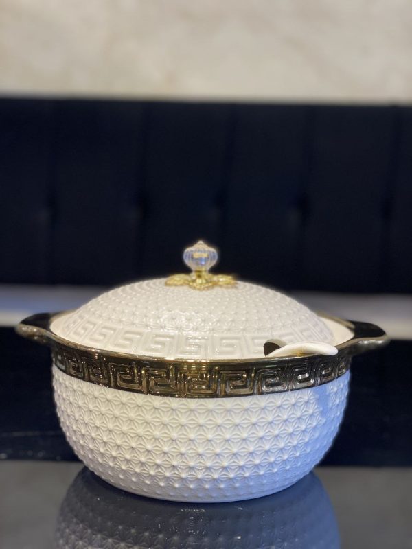 Elegant Ceramic Soup Pot with Gold Accents & Geometric Pattern