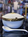 Elegant Ceramic Soup Pot with Gold Accents & Geometric Pattern