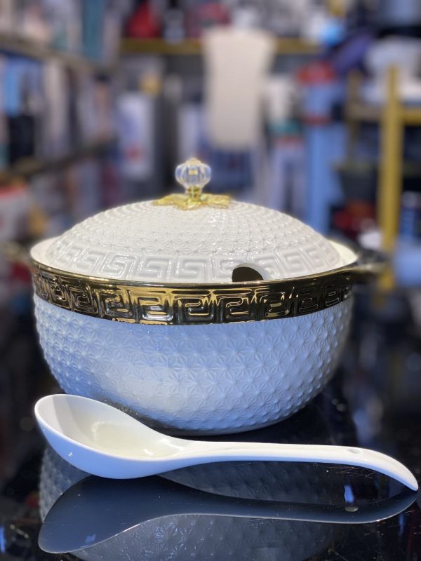 Elegant Ceramic Soup Pot with Gold Accents & Geometric Pattern