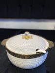 Elegant Ceramic Soup Pot with Gold Accents & Geometric Pattern