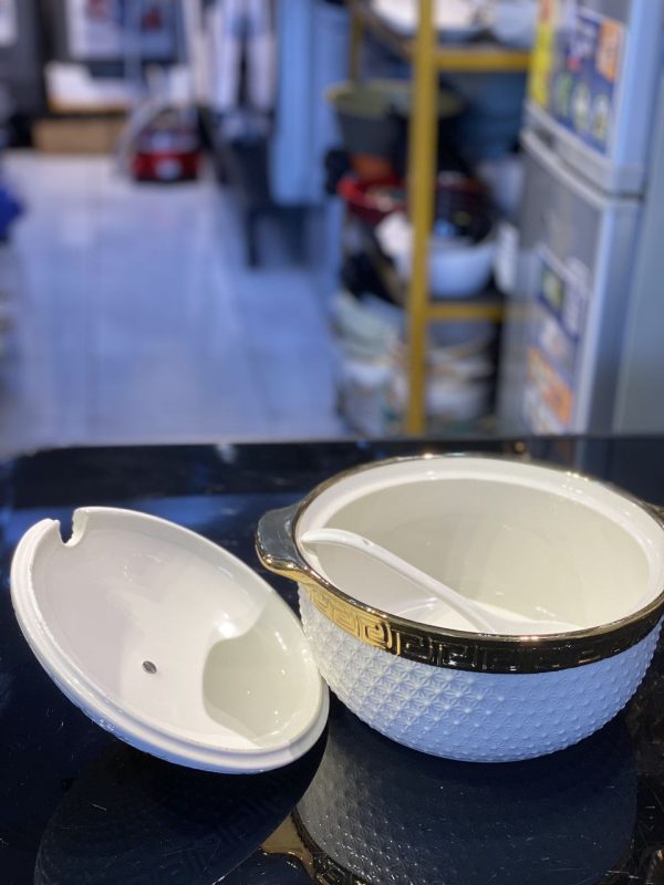 Elegant Ceramic Soup Pot with Gold Accents & Geometric Pattern