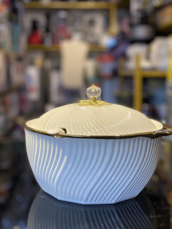 Elegant Ceramic Serving Bowl with Gold Rim & Lid