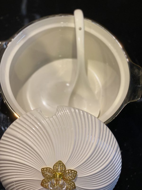 Elegant Ceramic Serving Bowl with Gold Rim & Lid