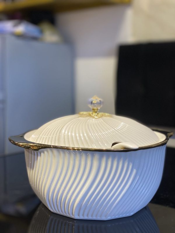 Elegant Ceramic Serving Bowl with Gold Rim & Lid
