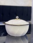 Elegant Ceramic Serving Bowl with Gold Rim & Lid
