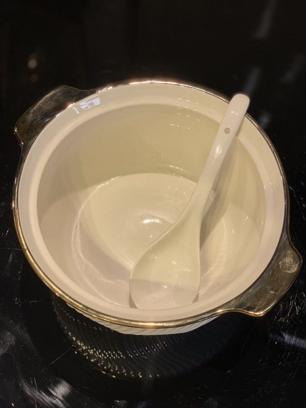 Elegant Ceramic Serving Bowl with Gold Rim & Lid