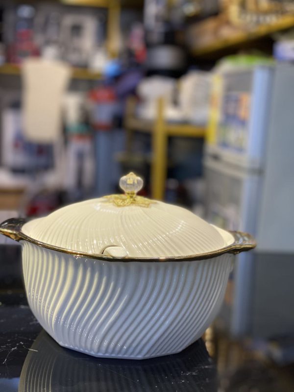 Elegant Ceramic Serving Bowl with Gold Rim & Lid