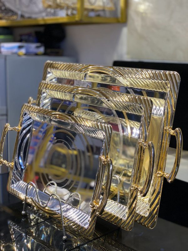 ST008 Decorative Metal Serving Trays - Gold Border with Swirl Pattern