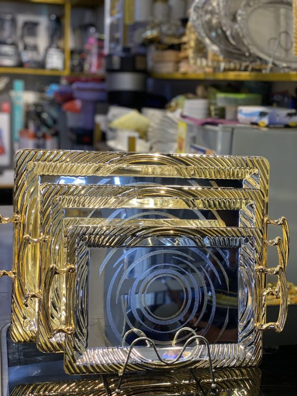 ST008 Decorative Metal Serving Trays - Gold Border with Swirl Pattern