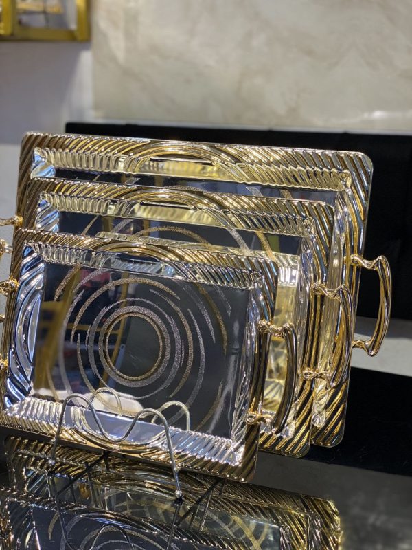 ST008 Decorative Metal Serving Trays - Gold Border with Swirl Pattern