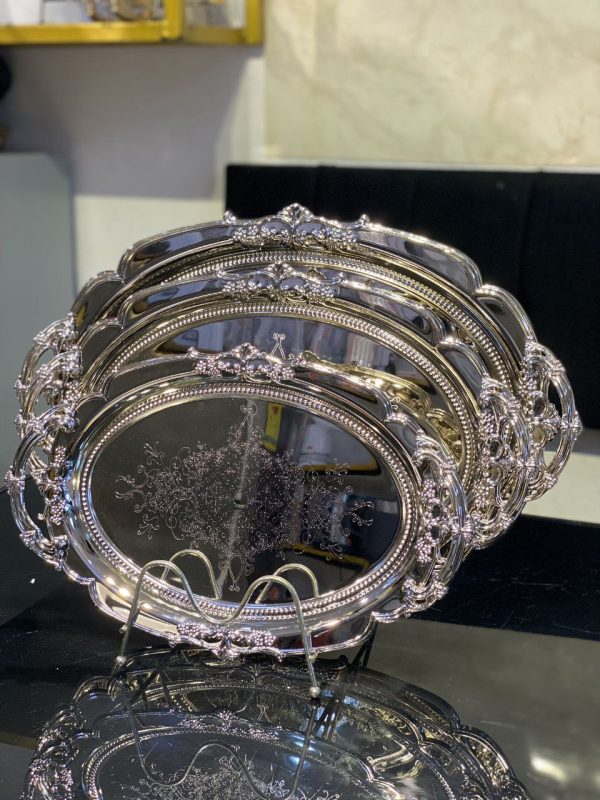 3pcs Luxurious Baroque-Style Stainless Steel Serving Trays – Ornate Embossed Design