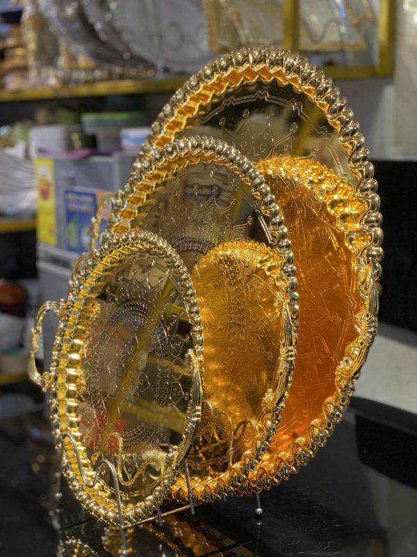 3pcs Luxurious Gold Serving Trays – Ornate Mandala Embossed Design with Beaded Rim