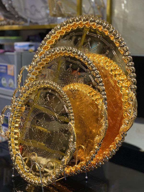 3pcs Luxurious Gold Serving Trays – Ornate Mandala Embossed Design with Beaded Rim