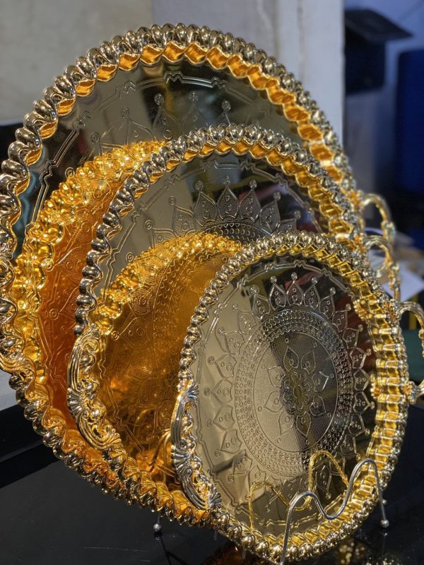 3pcs Luxurious Gold Serving Trays – Ornate Mandala Embossed Design with Beaded Rim