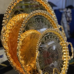 3pcs Luxurious Gold Serving Trays – Ornate Mandala Embossed Design with Beaded Rim