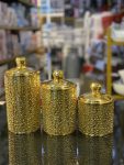 Set of 3 Gold Decorative Canisters – Textured Beaded Surface with Faceted Lid Handles