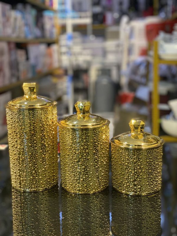 Set of 3 Gold Decorative Canisters – Textured Beaded Surface with Faceted Lid Handles