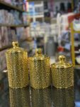Set of 3 Gold Decorative Canisters – Textured Beaded Surface with Faceted Lid Handles