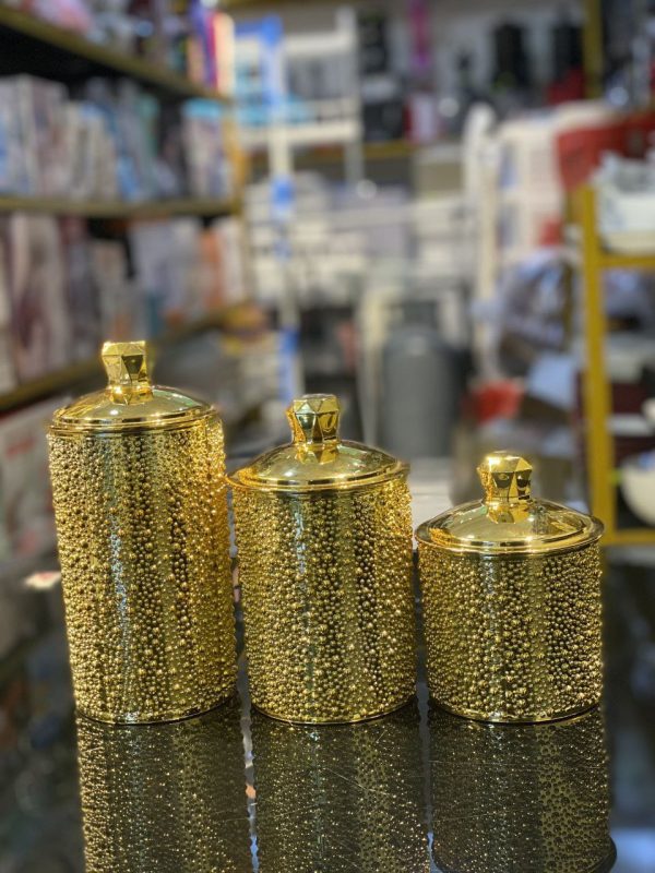 Set of 3 Gold Decorative Canisters – Textured Beaded Surface with Faceted Lid Handles