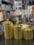 Set of 3 Gold Decorative Canisters – Textured Beaded Surface with Faceted Lid Handles