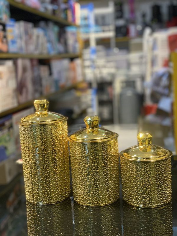 Set of 3 Gold Decorative Canisters – Textured Beaded Surface with Faceted Lid Handles