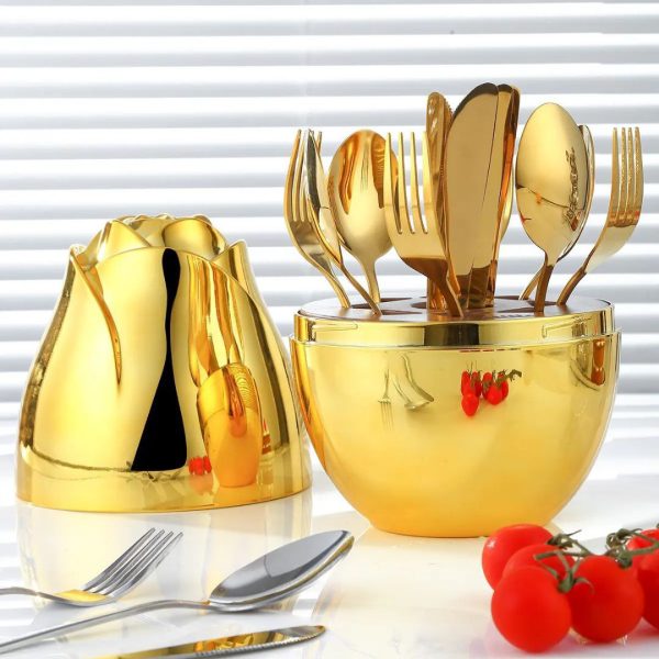 Luxury Fancy Egg-Shaped 24-Piece Golden Silverware Set