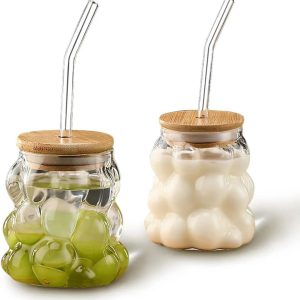 Bubble Glass Cup with Bamboo Lid and Straw