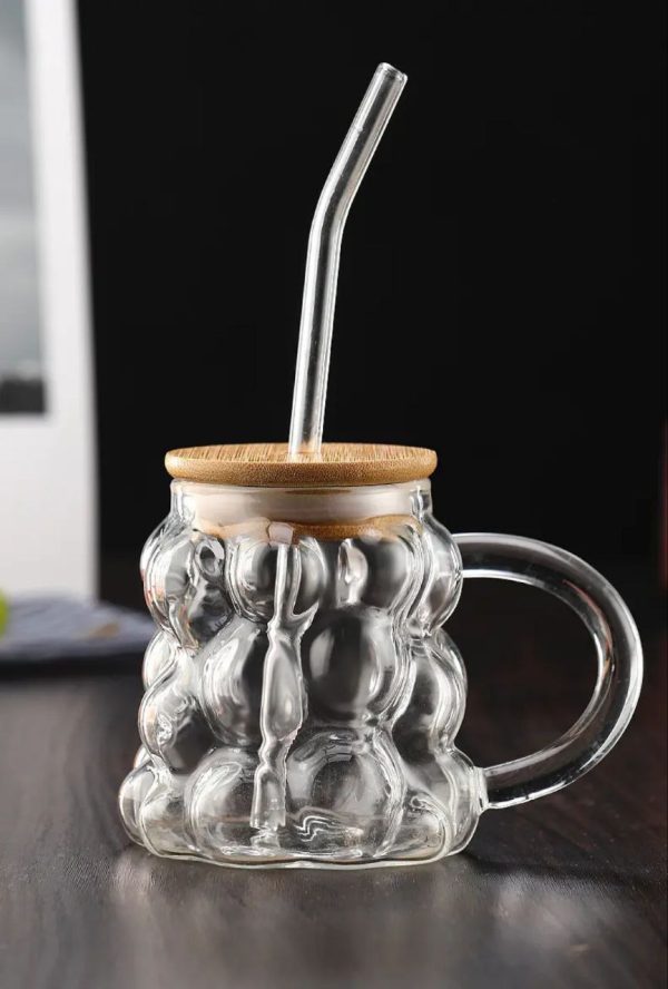 Bubble Glass Cup with Bamboo Lid and Straw