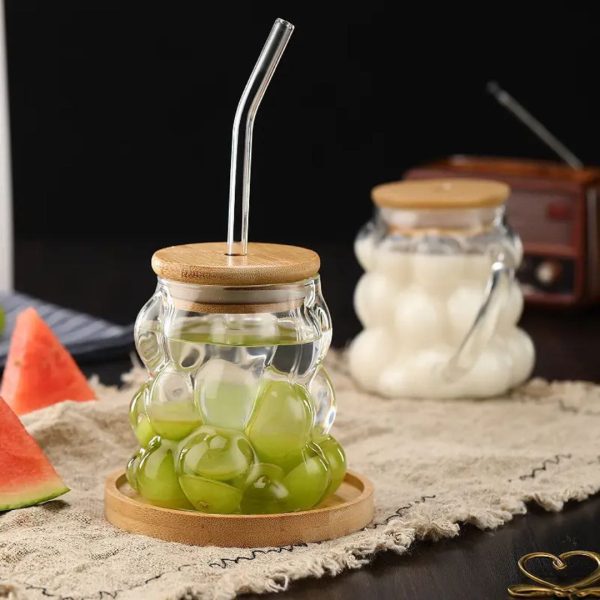 Bubble Glass Cup with Bamboo Lid and Straw