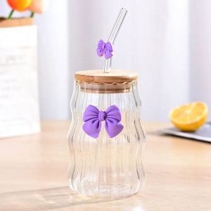 16oz Ribbed Glass Cup with Lid and Straw