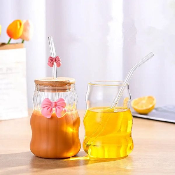 16oz Ribbed Glass Cup with Lid and Straw