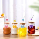 16oz Ribbed Glass Cup with Lid and Straw