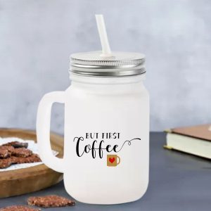 "Time to Travel, But First Coffee" Glass Mason Jar