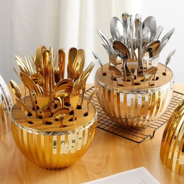 24-Piece Gold Cutlery Set with Egg-Shaped Holder