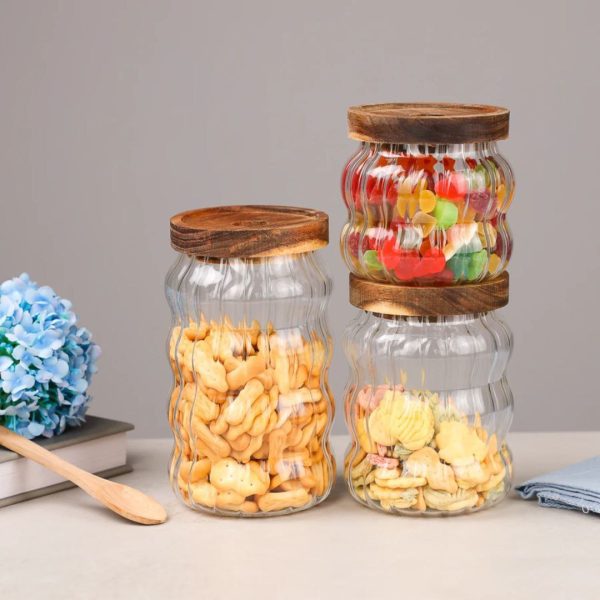 3-Piece Wavy Borosilicate Glass Storage Canister Set with Acacia Lids