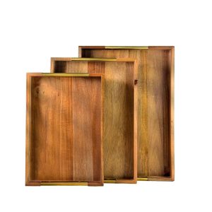 3-Piece Acacia Wood Serving Tray Set with Golden Handles