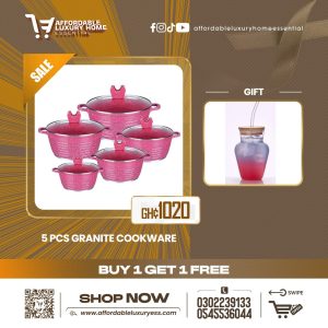 Lefon 5-Piece Pink Granite Nonstick Cookware Set + GlasKey Glass Tumbler