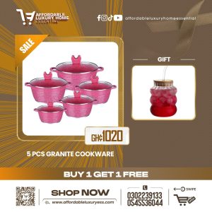 Lefon 5-Piece Pink Granite Nonstick Cookware Set + Bubble Glass Cup